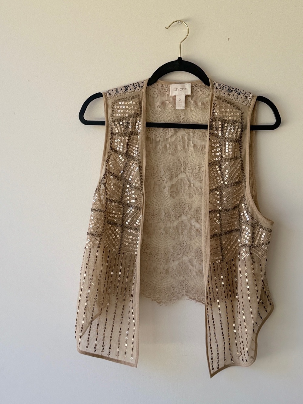 Chico's Taupe Sequin Lace Open Vest